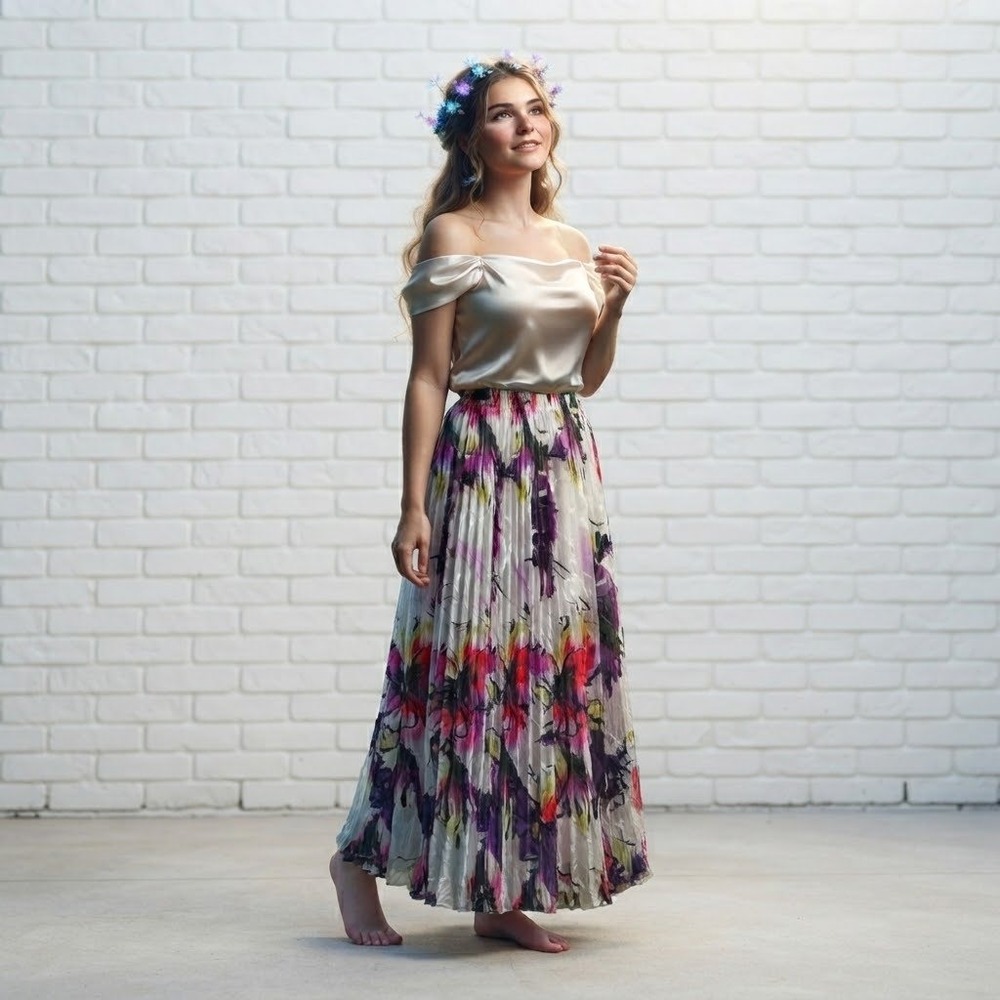 Silk Blend Maxi Skirt Womens Small White Floral Forest Fairy Romantic Flowy Luxe